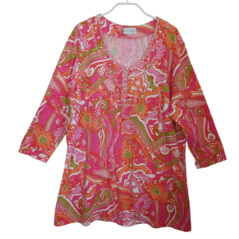 Soft Surroundings Pink Orange Paisley Beaded V-Neck 3/4 Sleeve Tunic Top